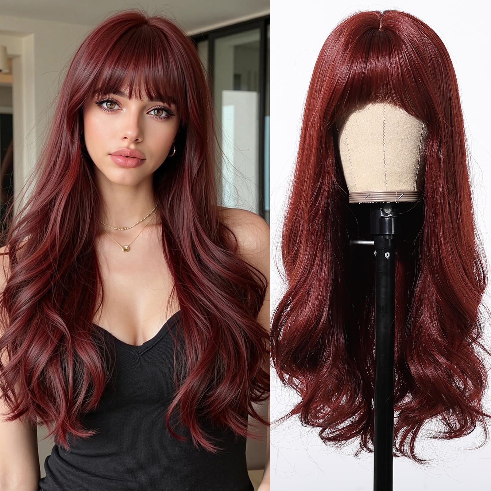 Esmee Long Wavy Burgundy Wigs for Women Natuaral Synthetic Hair Heat Resistant Red Wig for Daily Party Cosplay Use — image 1