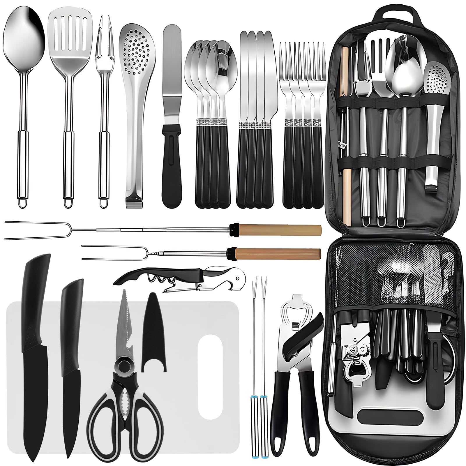28Pcs Camping Cooking Utensils Set, Camping Utensil Set for Campervan,Camping Kitchen Utensil Organizer Travel Set, Accessories Set for Outdoor Hiking Picnic Trekking