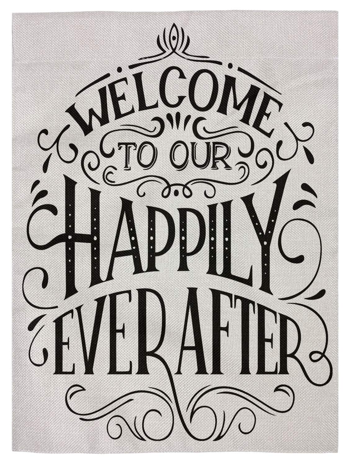 pingpi Family Quote Double Sided Burlap Garden Flag 12.5"x18",Welcome to Our Happily Ever After