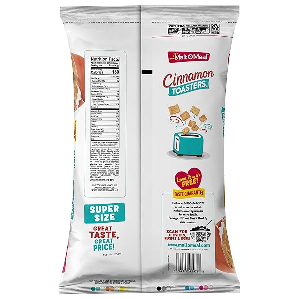 MALT-O-MEAL CINNAMON TOASTERS BREAKFAST CEREAL, OVEN-PUFFED CINNAMON CEREAL SQUARES, LARGE CEREAL FOR FAMILY, 33 OZ RESEALABLE CEREAL BAG