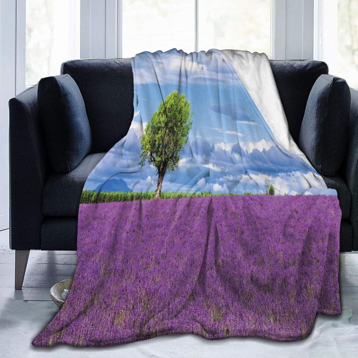 Fluffy Throw Blanket,Amazing Lavender Field with A Tree and Sky,Ultra
