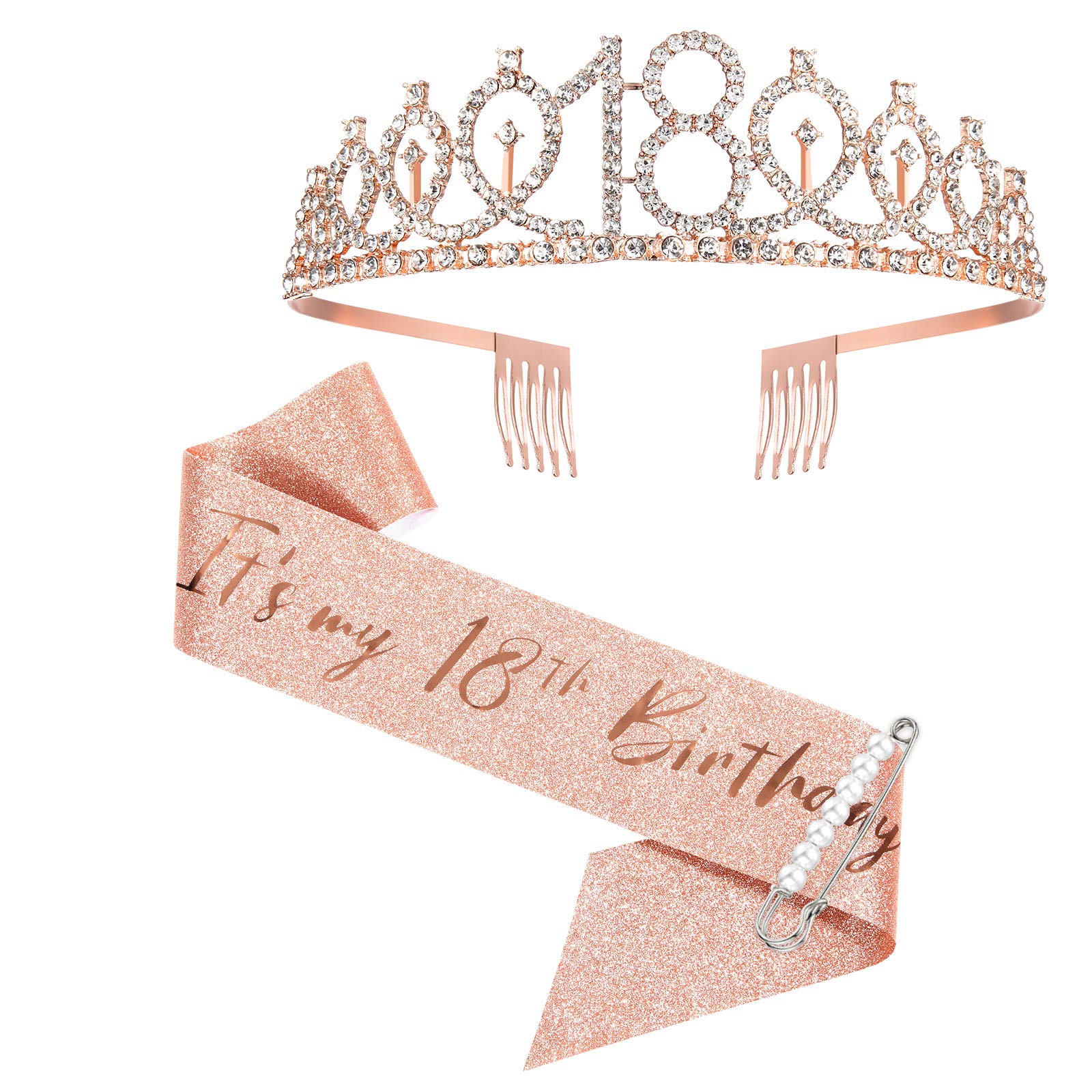 SZHUIHER 18th Birthday Sash and Tiara for Girls, Rose Gold Birthday Sash Crown 18 & Fabulous Sash and Tiara for Girls, 18th Birthday Gifts