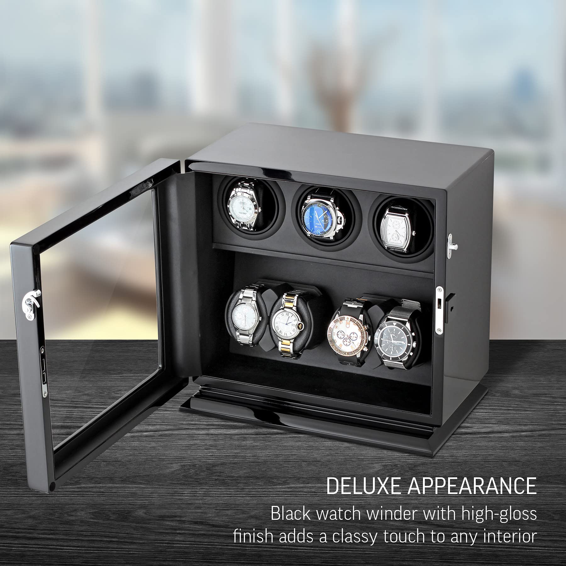 Watch Winder for 7 Watches with Interior Backlight, Motor-Stop Option and Battery Power Option (Black)
