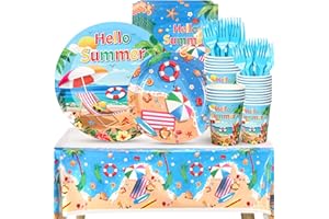 Atonofun Beach Paper Plates, Beach Plates and Napkins Party Supplies, Disposable Plates, Cups, Napkins, Cutlery and Tablecloth for Hawaiian, Summer Party, Beach Birthday Party Decorations Serves 24