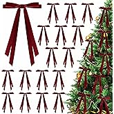 CUPLOOV 24 Pcs Christmas Bows for Tree, Burgundy Velvet Ribbon Bow for Christmas Tree, Pre-Tied Vintage Xmas Bows for Xmas Trees Wreaths Gifts Wedding Indoor Outdoor Decorations, 5 x 7 Inch