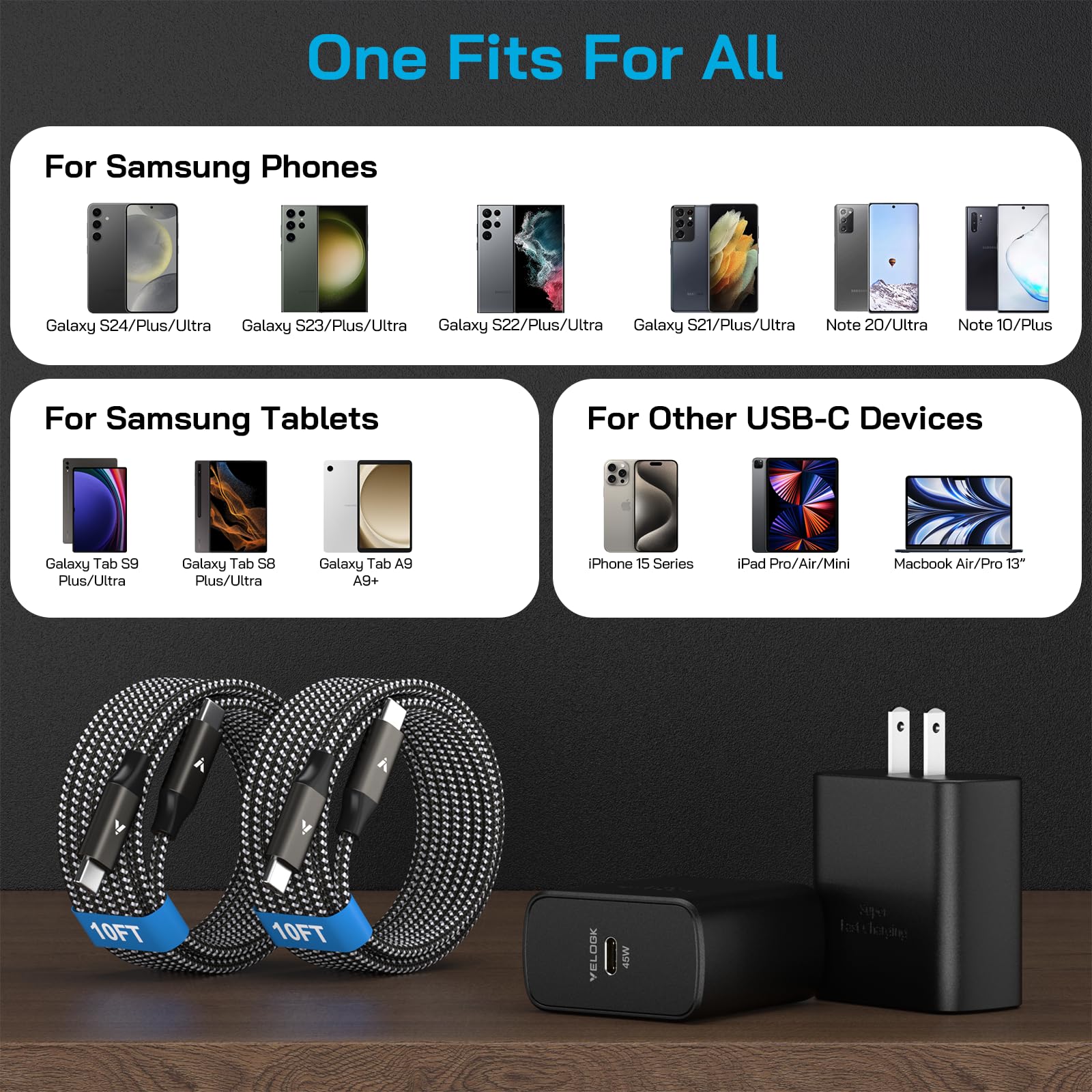 45W Super Fast Charger USB C, 45 Watt Type-C Android Phone Charger Fast Charging Block with 10FT Type C Cords for Samsung Galaxy S25 Ultra/S24 Ultra/S24+/S23 Ultra/S23+/S22 Plus/S20, Tab S9/S8 Ultra