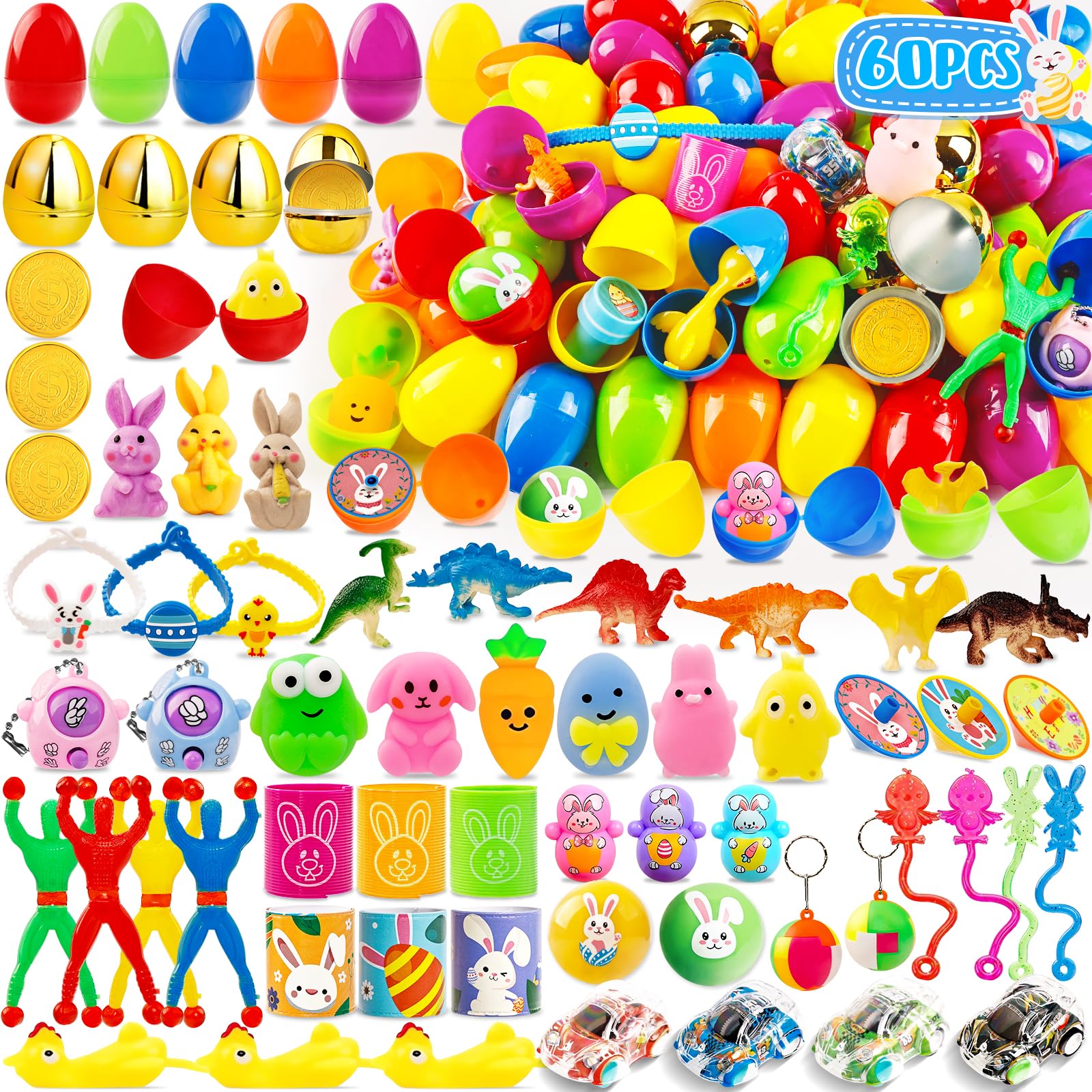 WOWSCAN [6 Surprise Golden Eggs] 60 PACK Prefilled Easter Egg Fillers with Novelty Toys Inside, Easter Basket Stuffers Classroom Prizes Supplies Egg Hunt Party Favors for Kids Toddlers Boys Girls