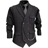 RUNTINGJIA Men's Tweed Vest Double Breasted Formal Herringbone Waistcoat with Pockets