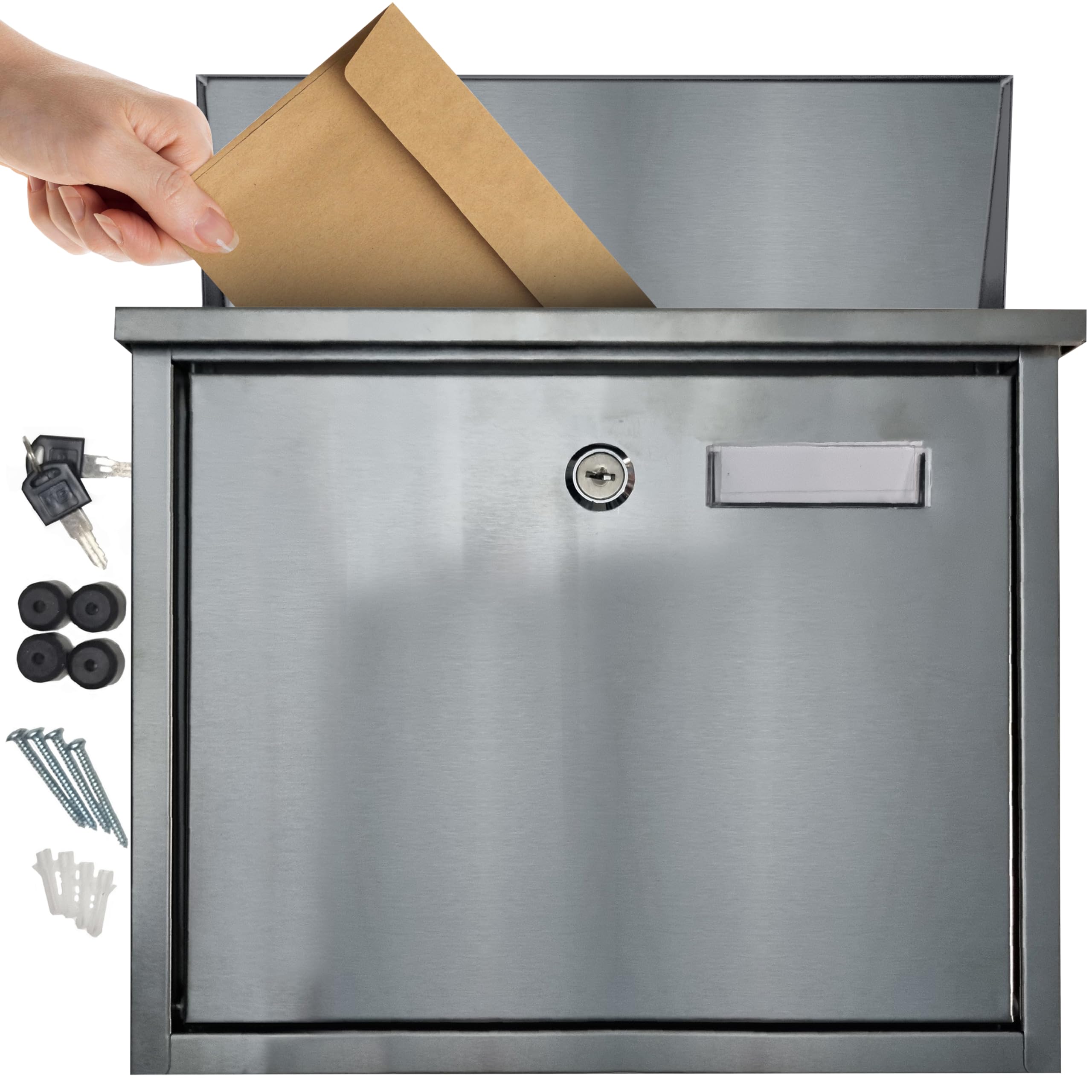 FURNISHED Wall Mounted Letter Box - Large Mail Outdoor Post Box Weather Resistant Postbox for Outside Wall Stainless Steel Lockable Letterbox Top Loading Mailbox with Cylinder Lock, Silver