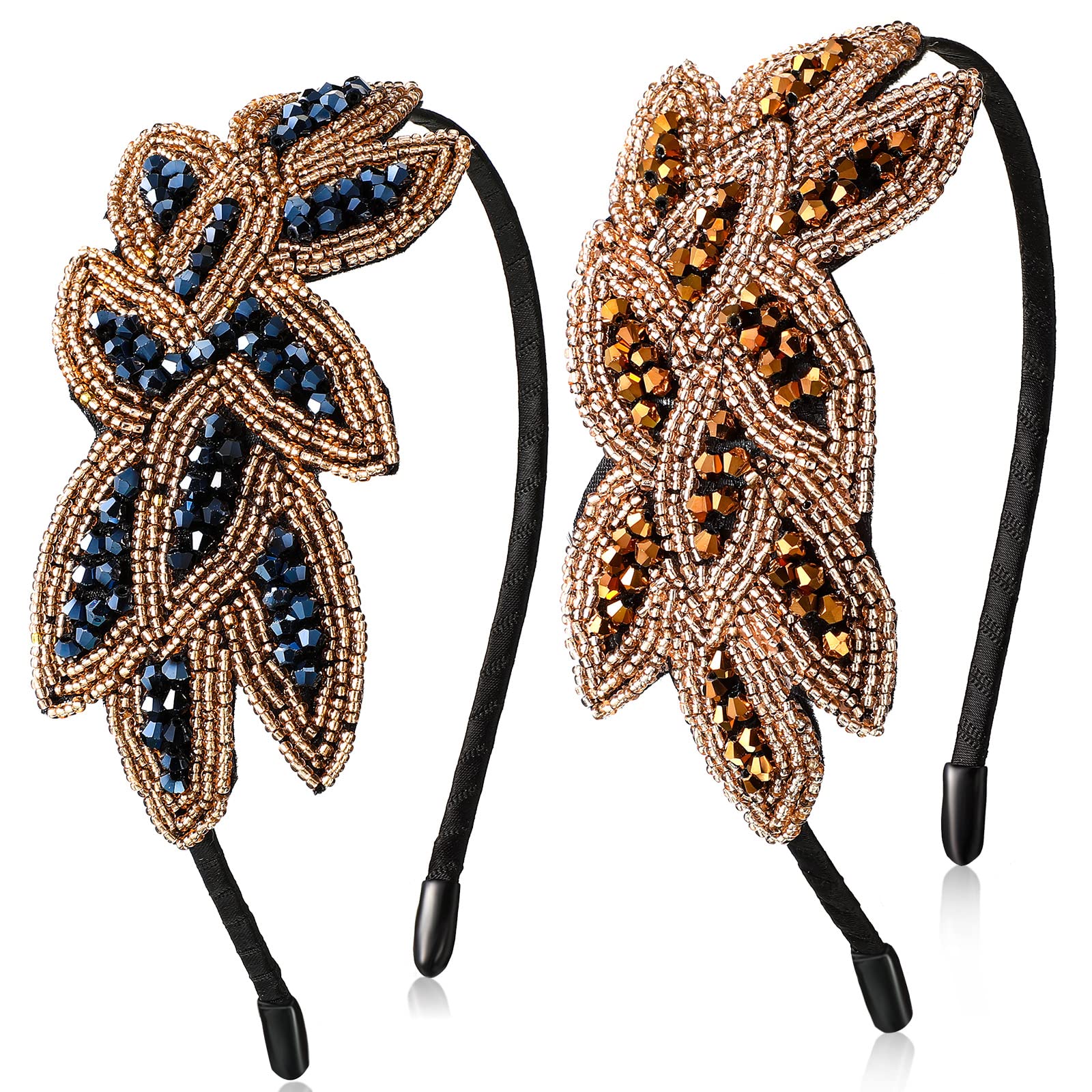 2 Pieces 1920s Headpiece Flapper Headband Hair Accessories for Women Flapper Headpiece Leaf Beaded Vintage Headbands for 20s Costume Party (Navy Blue, Bronze)