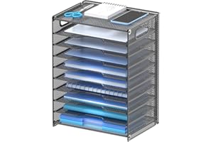 OUTWOLF 10 Tier Paper Organizer - Letter Tray Mesh Desk File Organizer with Handles for Office School Desktop, Black