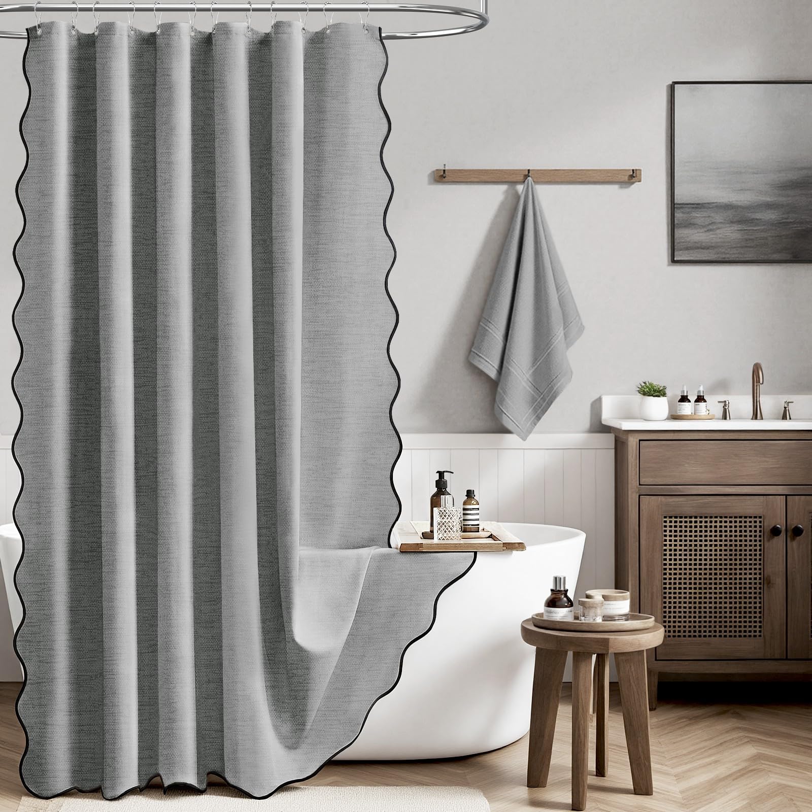 BTTN Extra Long Shower Curtain, 72×90 Boho Scalloped Linen Textured Heavy Duty Fabric Shower Curtain Set with 12 Hooks, Tall Neutral Farmhouse Waterproof Cloth Shower Curtains for Bathroom, Grey/Gray