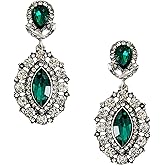 Silver Tone Victorian Art Deco Antique Vintage Retro Style Dark Green Hunter Emerald Rhinestone Dangle Earrings