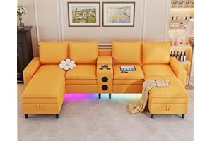 HYZQ Sectional Couches for Living Room, 4 Seat Sectional Sofa with Smart Module-Bluetooth Speaker/RGB Light/Charging Station, Teddy Fleece U Shaped Cloud Couch with Storage Ottoman (Yellow)
