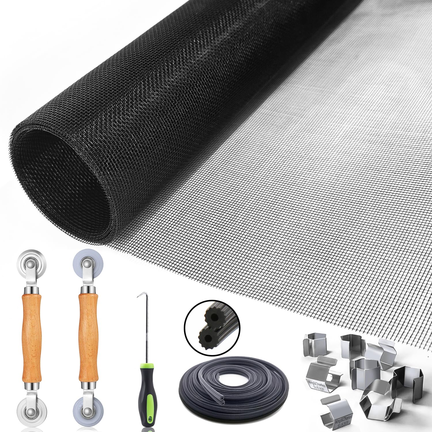 Photo 1 of Window Screen Door Repair/Replacement Kit, King&Charles Include Black Screen Mesh 48"x118"+ 2 Roller+50Ft Spline+8Clips+Hook, 6 in 1 Window Mesh Kit, Steel/Nylon Bearing Roller