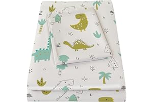 Bedmoon Boys Twin Sheets, Kids Dinosaur Soft Microfiber Girls Twin Sheets & Pillowcases with Elastic Corner Straps, Geen
