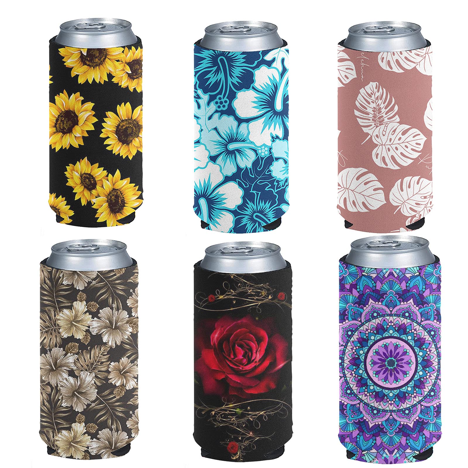Jeiento Flower Can Coozies, Set of 6 Tall Slim Resuable Can Holder Sleeve Beer Sleeve Sunflower/Palm Leaves/Rose/Mandala