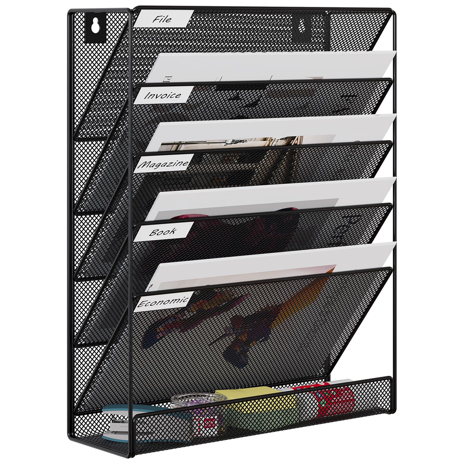EasyPAG 6 Tier A4 Mesh in Tray Hanging Wall File Holder Mail Organiser Magazine Storage Rack,Black