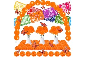 AWEYKA 54pcs Day of The Dead Decorations Set,Include 2 Artificial Marigold Garland,30 Marigold Flowers with Stem,9 Mexican Banners Papel Picado Banner,12 Butterfly for Dia De Los Muertos Indian Diwali Decor