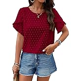 PRETTYGARDEN Women's Tops 2026 Summer Ruffle Short Sleeve Crewneck Blouses Swiss Dots Solid Loose Tunics Work Shirts