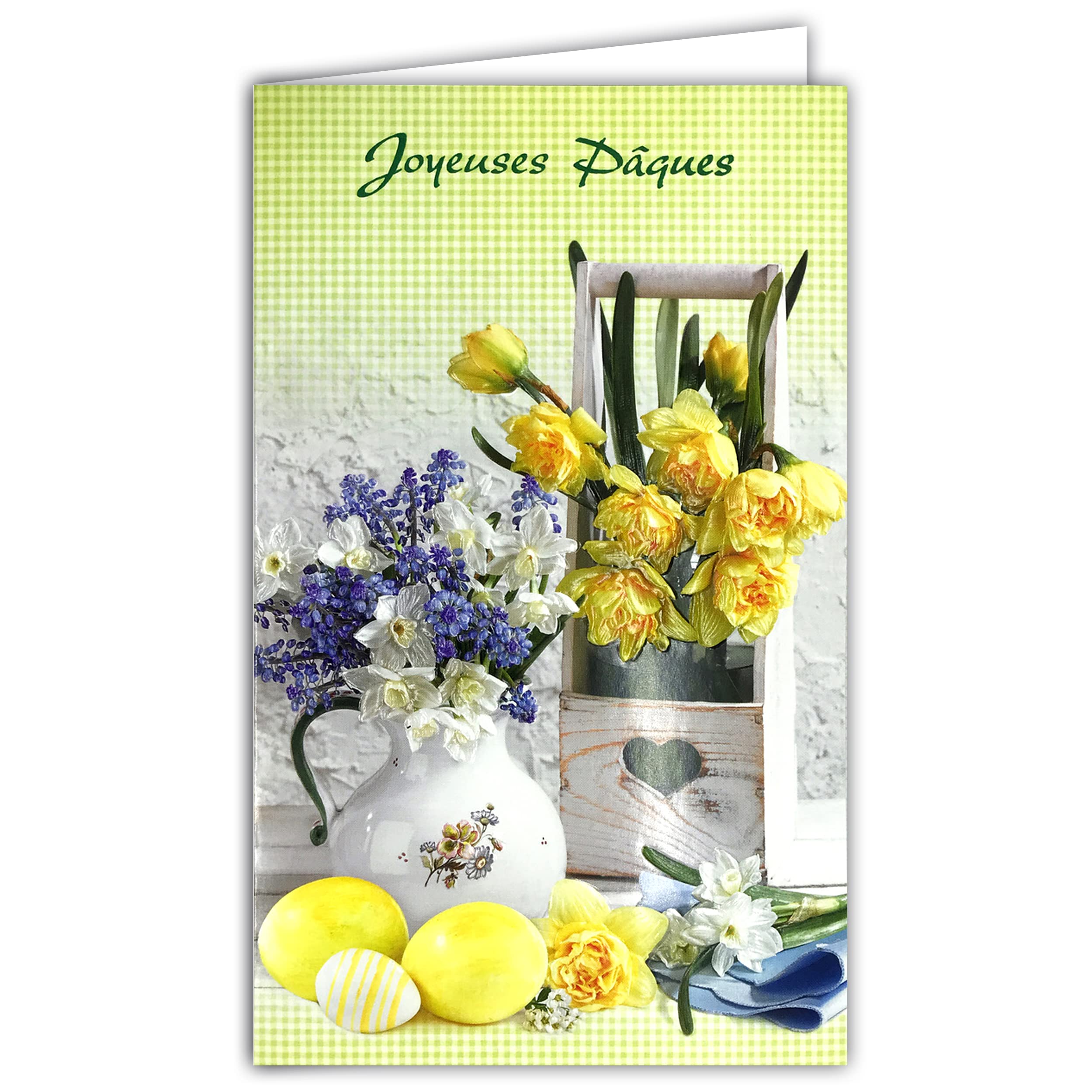 12-688 Card Happy Easter Bouquets Flowers Spring Daffodil Narcissus Muscaris Eggs Painted Heart Comes with Envelope Format 12 x 19.5 cm FSC Eco-Label Paper Sustainable Management Forests Made in