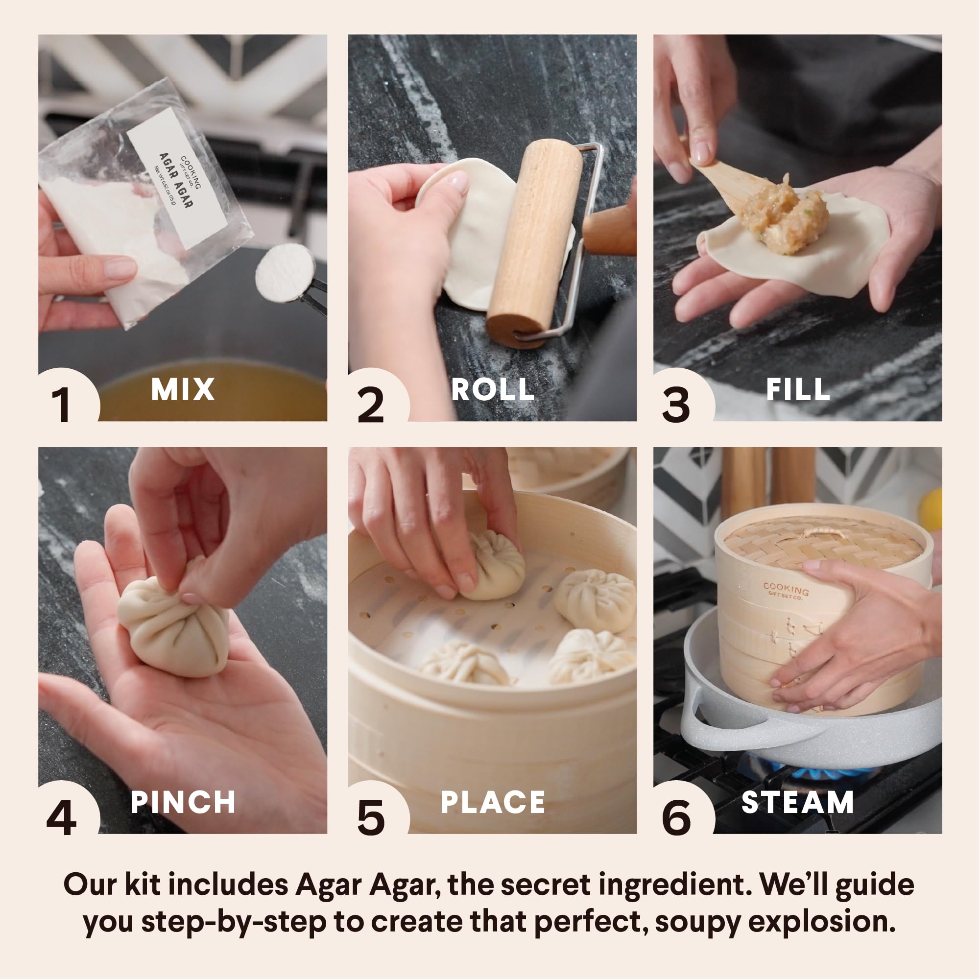 Cooking Gift Set Co. Bamboo Steamer Basket Soup Dumpling Kit - 2 Tier 8-Inch Dumpling Steamer for Cooking with Agar Agar, Roller, Spoon, Liners, Recipes & Step-by-Step Video (6-Piece Set)