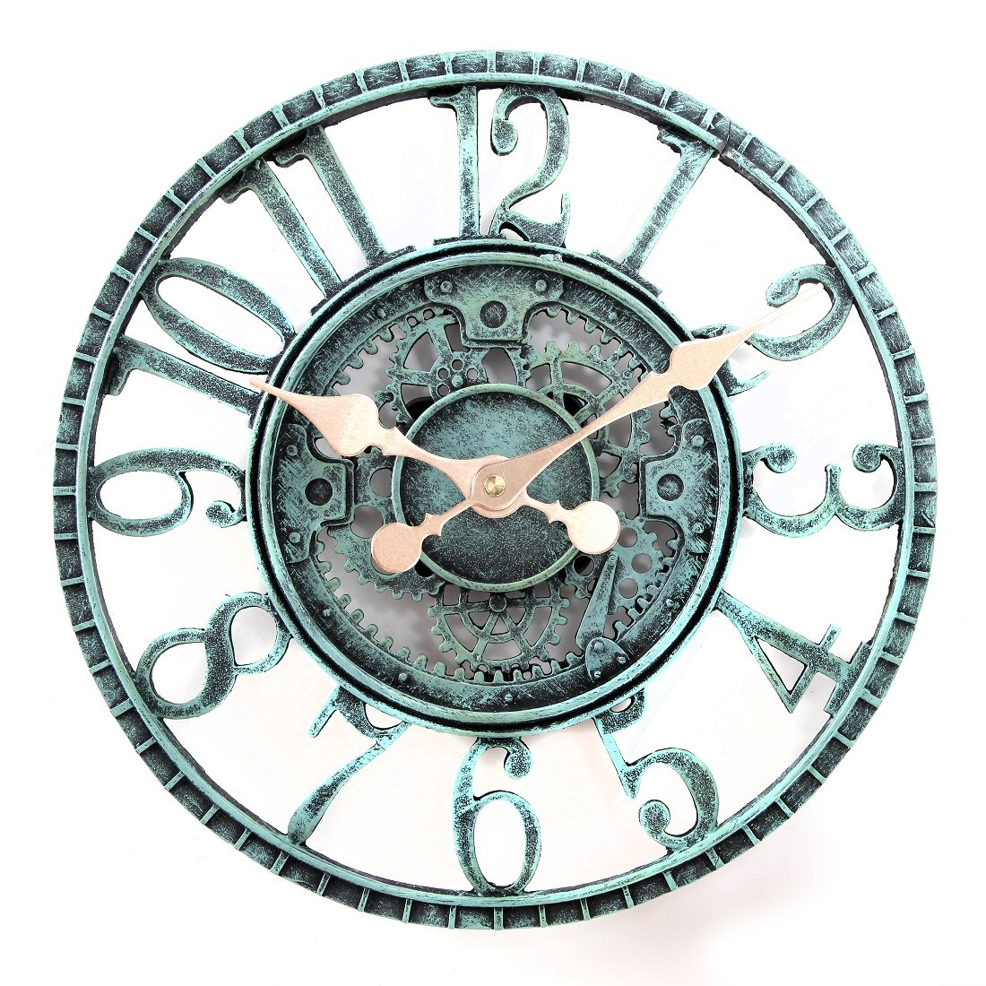 Lily's Home Hanging Wall Clock, Steampunk Gear and Cog Design with a Pewter Finish, Ideal for Indoor or Outdoor Use, Poly-Resin (12 Inches Diameter)