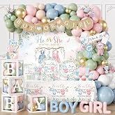 Gender Reveal Decorations,271pcs Greenery Boy or Girl Gender Reveal Plates and Napkins Cups Banner Backdrop Tablecloth Cake Topper Balloon for He Or She Gender Reveal Decorations