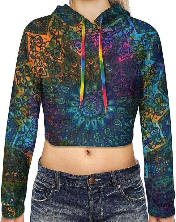 Blue Tie Dye Bohemian Tapestry Print Long Sleeve Hoodies Pullover Crop Top Sweatshirt for Women 