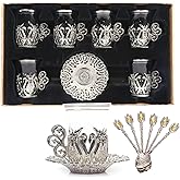Alisveristime (SET OF 6 Handmade Turkish Tea Water Zamzam Serving Set Glasses Saucer and Spoon (Ottoman) (Silver)