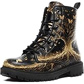 coolcustomize Womens Mushroom Floral Combat Boots - Witchcore Forest Goth Boots Chuncky Heel Vegan Leather Fashion Lace-Up Black Ankle Booties