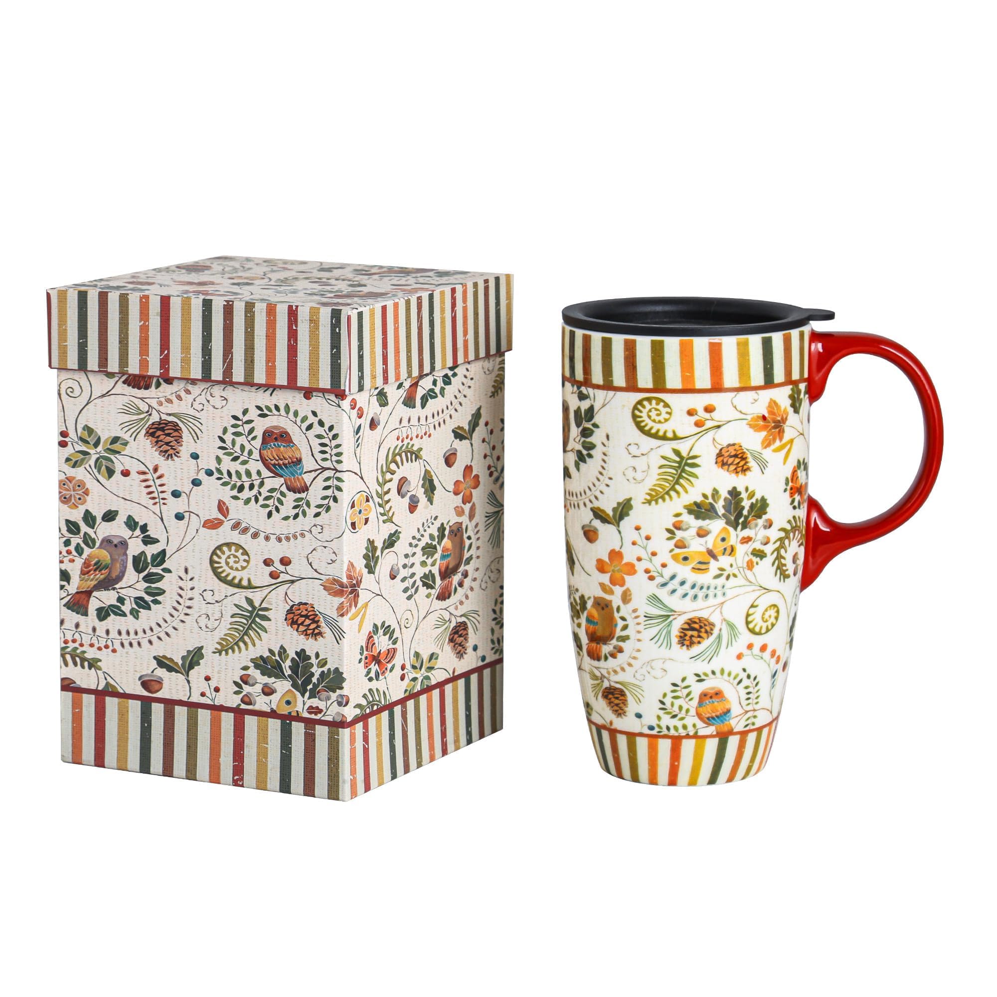 Topadorn 17 oz Ceramic Travel Mug with Spill Proof Lid & Handle, Microwave Dishwasher Safe Coffee Cup, Gift for Men and Women, Butterfly and Owl