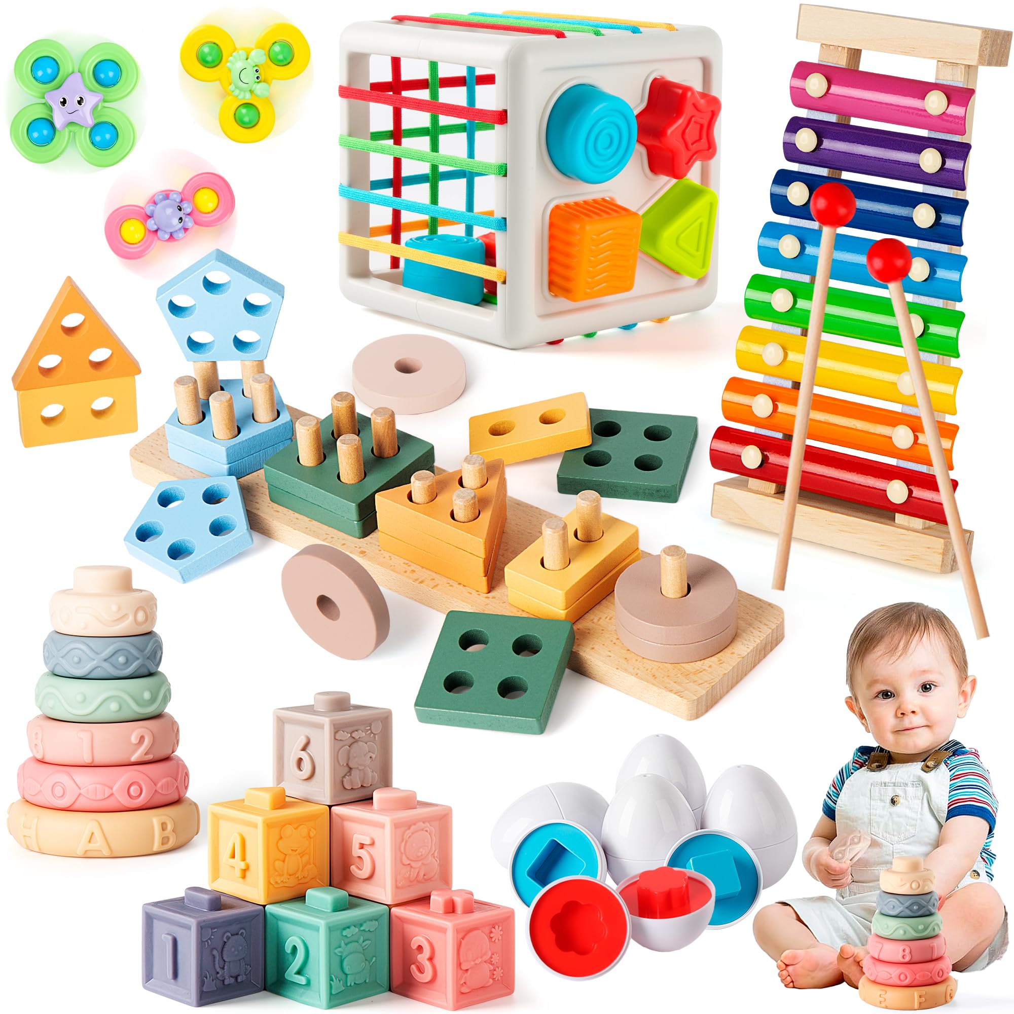 Photo 1 of 7?in?1 Montessori Baby Toys for 6?12?Months & 1+ Years, Infant Sensory Teething & Stacking Blocks | Wooden Shape Sorter, Xylophone Musical Toy, Birthday Gift for Toddlers 1?3