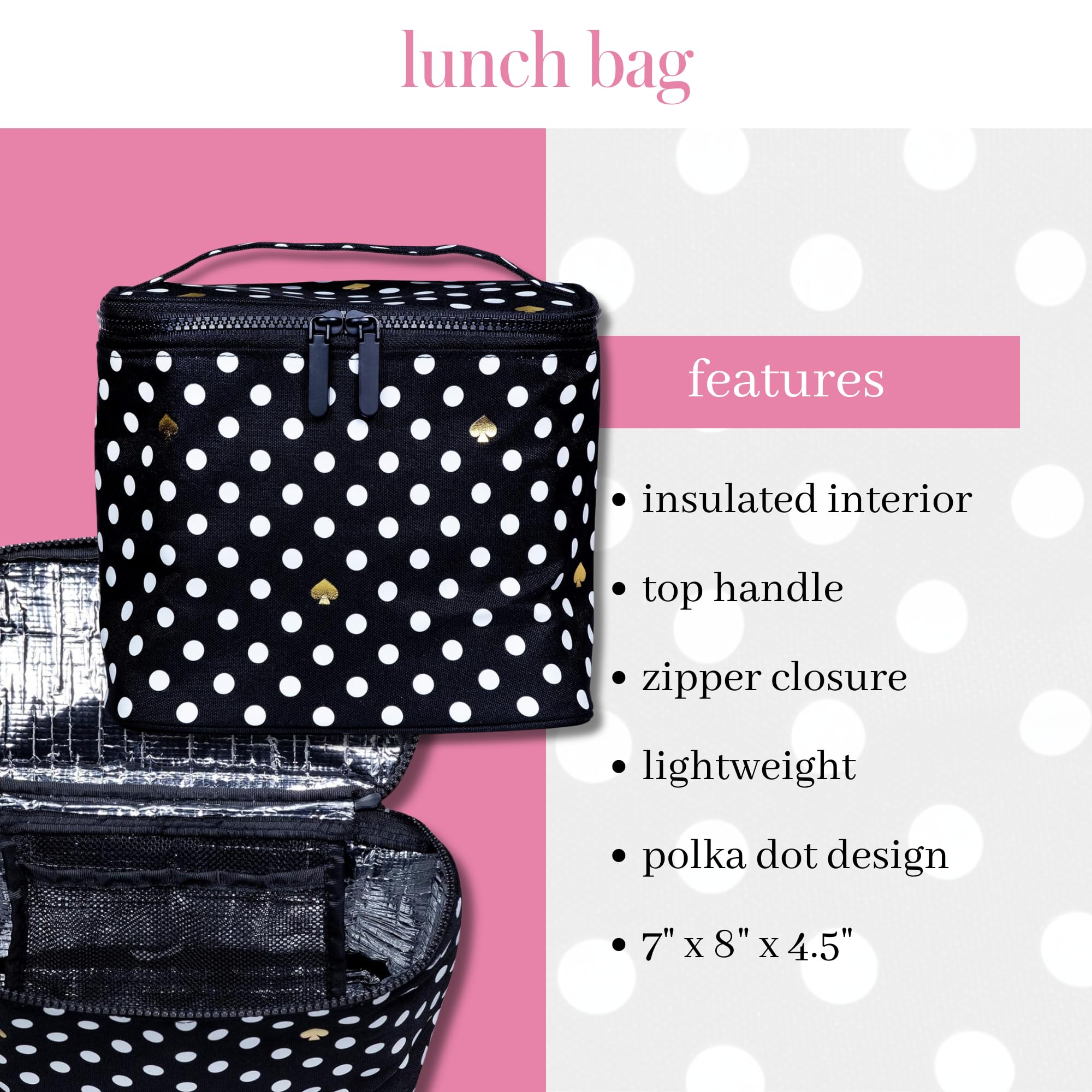 kate spade new york Kate Spade New York Insulated Soft Cooler Lunch Tote with Double Zipper Close and Carrying Handle, Polka Dots (Black/White)