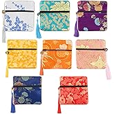 8 Pcs Chinese Silk Brocade Jewelry Pouch with Zipper, Embroidered Coin Purse Gift Bags with Tassel for Women, Wedding Party Favors, Jewelry Organizer for Necklaces Earrings Bracelets (Multi-Color)