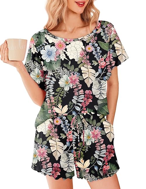 Ekouaer Womens Pyjamas Short Sleeve Cute Print Pjs Nightwear U Neck Sleepwear Soft Loungewear Floral Black M
