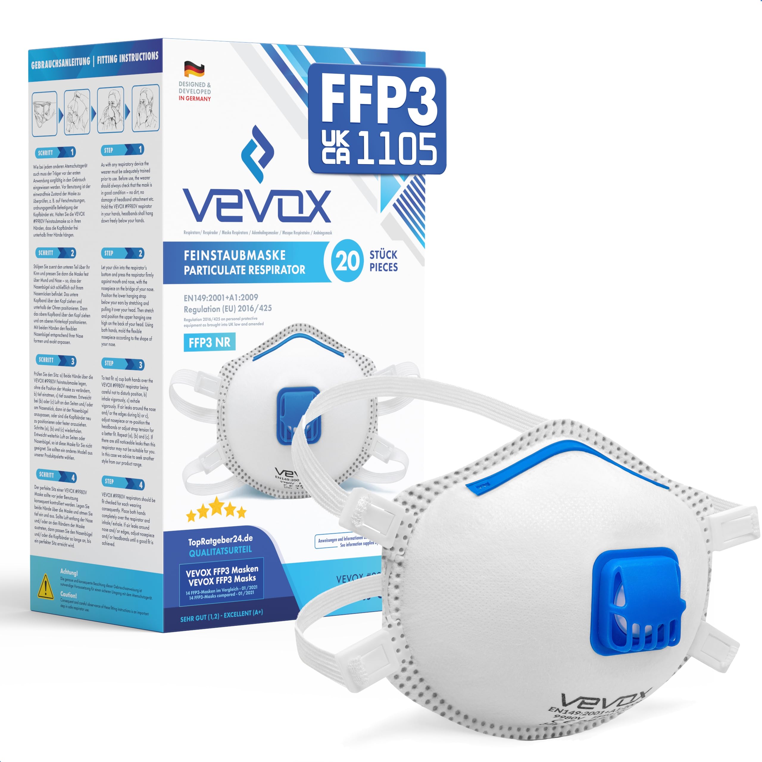 VEVOX® FFP3 Dust Mask - Set of 20 - Valved Face Masks - Respirator - Protection e.g. for Construction, Sanding, Spray Painting, Cleaning, Mould, Fine Dusts or Asbestos Particles