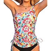 Charmo One Shoulder Tankini Tops for Women 2026 Tummy Control Bathing Suit Top Drawstring Side Swimwear Swim Top