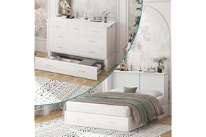 BALUS Murphy Cabinet Bed, Queen Murphy Bed with Charging Station, Tri-fold Memory Mattress, Storage Drawers, Space-Saving Wooden Folding Cube Chest Wall Beds for Living Room and Apartments White