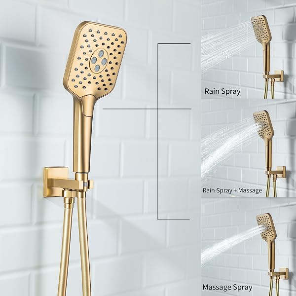 CASTA DIVA BRUSHED GOLD RAIN SHOWER HEAD SYSTEM WITH HANDHELD SPRAY COMBO, SHOWER DIVERTER AND BRASS VALVE TRIM KIT, FAUCET SET, WALL MOUNTED, SQUARE