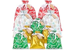 AULIKY 10 PCS Christmas Drawstring Gift Bags with Tags, Assorted Size Xmas Gift Bags Set in Bulk, Large Medium Small Made of Food-Grade Aluminized Polymer, Reusable Eco-Friendly Drawstring Sacks for Holiday Wrapping & Party Favors