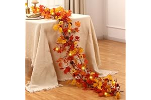 Jutom 13.2 ft Thanksgiving Fall Leaf Garland for Mantle with Light Maple Leaves Autumn Fall Decorations for Home with 50 LED Artificial Sunflower Berry Vine for Table Centerpiece Harvest