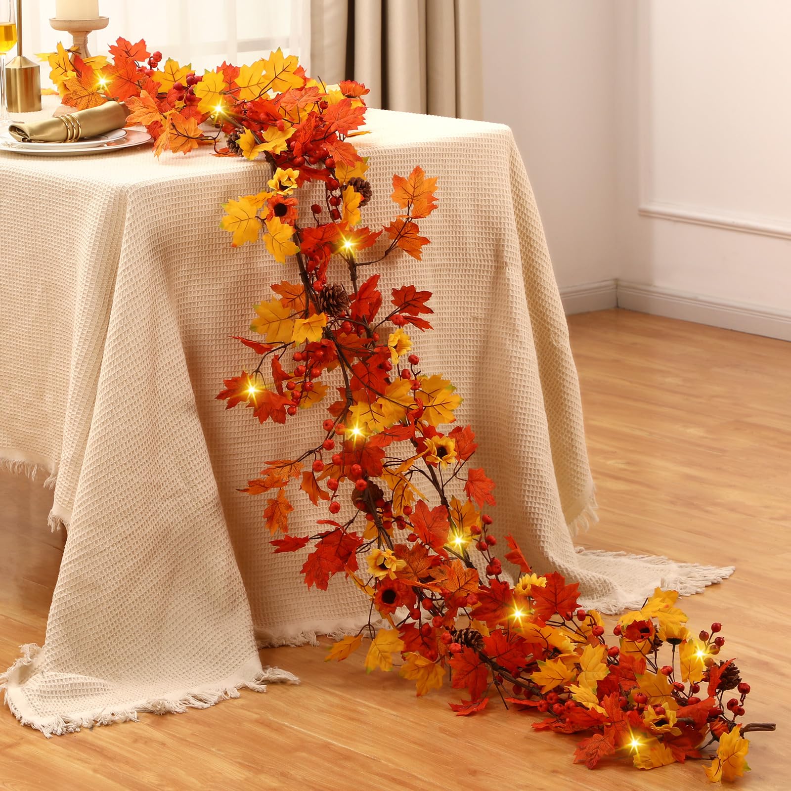 Photo 1 of **BROKEN**SMALL PARTS**Jutom 13.2 ft Thanksgiving Fall Leaf Garland for Mantle with Light Maple Leaves Autumn Fall Decorations for Home with 50 LED Artificial Sunflower Berry Vine for Table Centerpiece Harvest