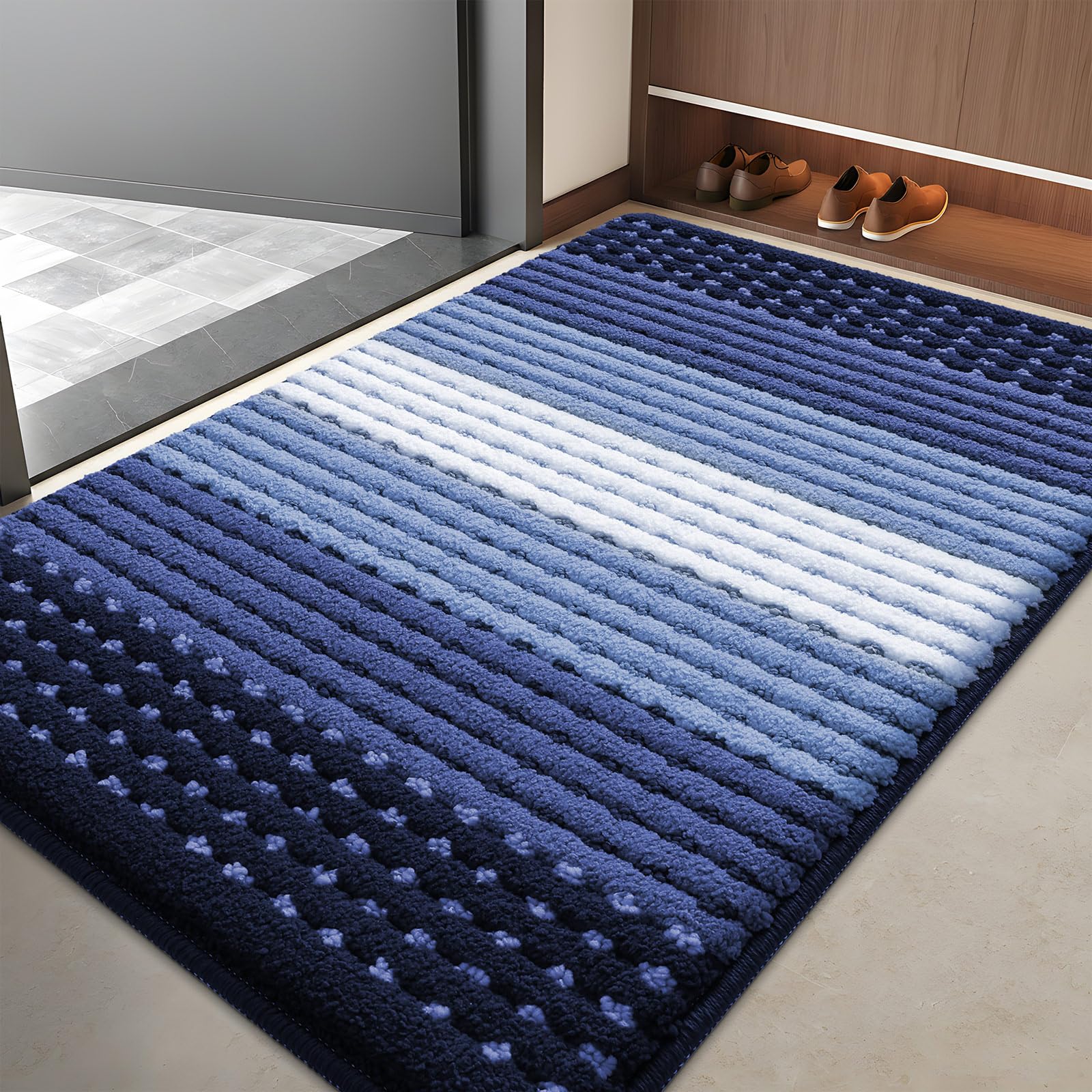 Kitinjoy Indoor Outdoor Door Mat, 40x32 Non-Slip Absorbent Dirt Trapper, Low-Profile Washable Inside Entrance Front Floor Mat, Sturdy Soft Entry Dotted Ombre Doormats for Entryway, Navy Blue Image