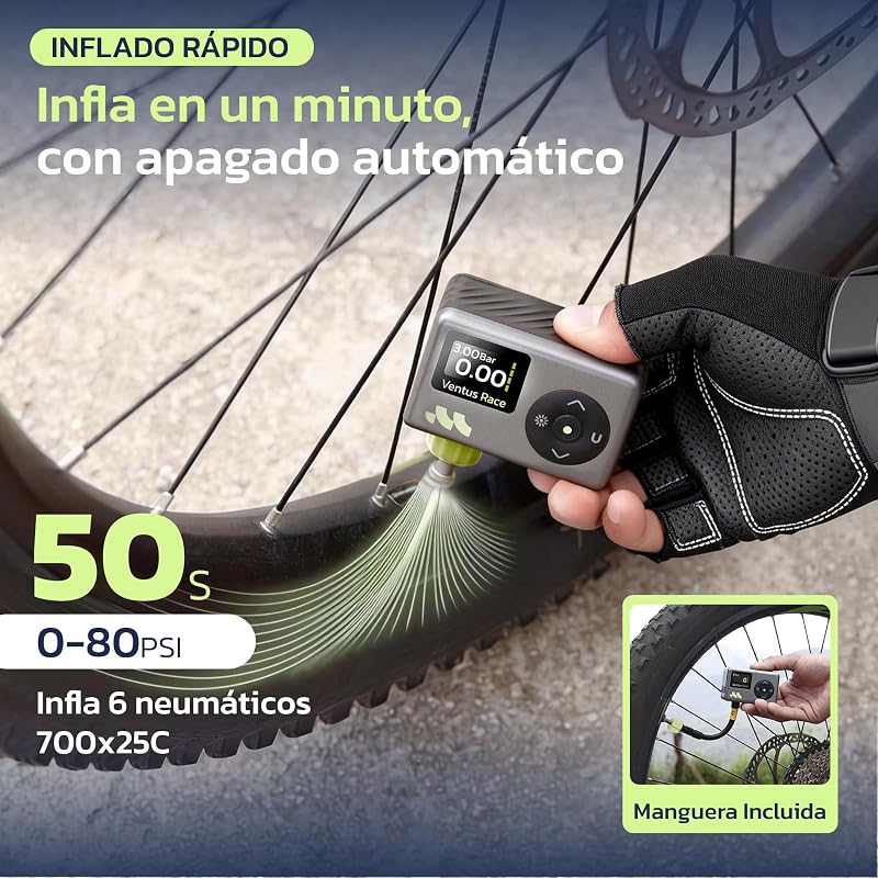 Inflador Electrico, Presta Schrader, Manómetro, 50s, LED, 8.3 BAR