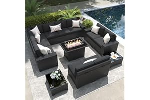 LayinSun 13 Pieces Outdoor Patio Furniture Set with 44" Fire Pit Table Rattan Sectional Sofa Conversation Sets