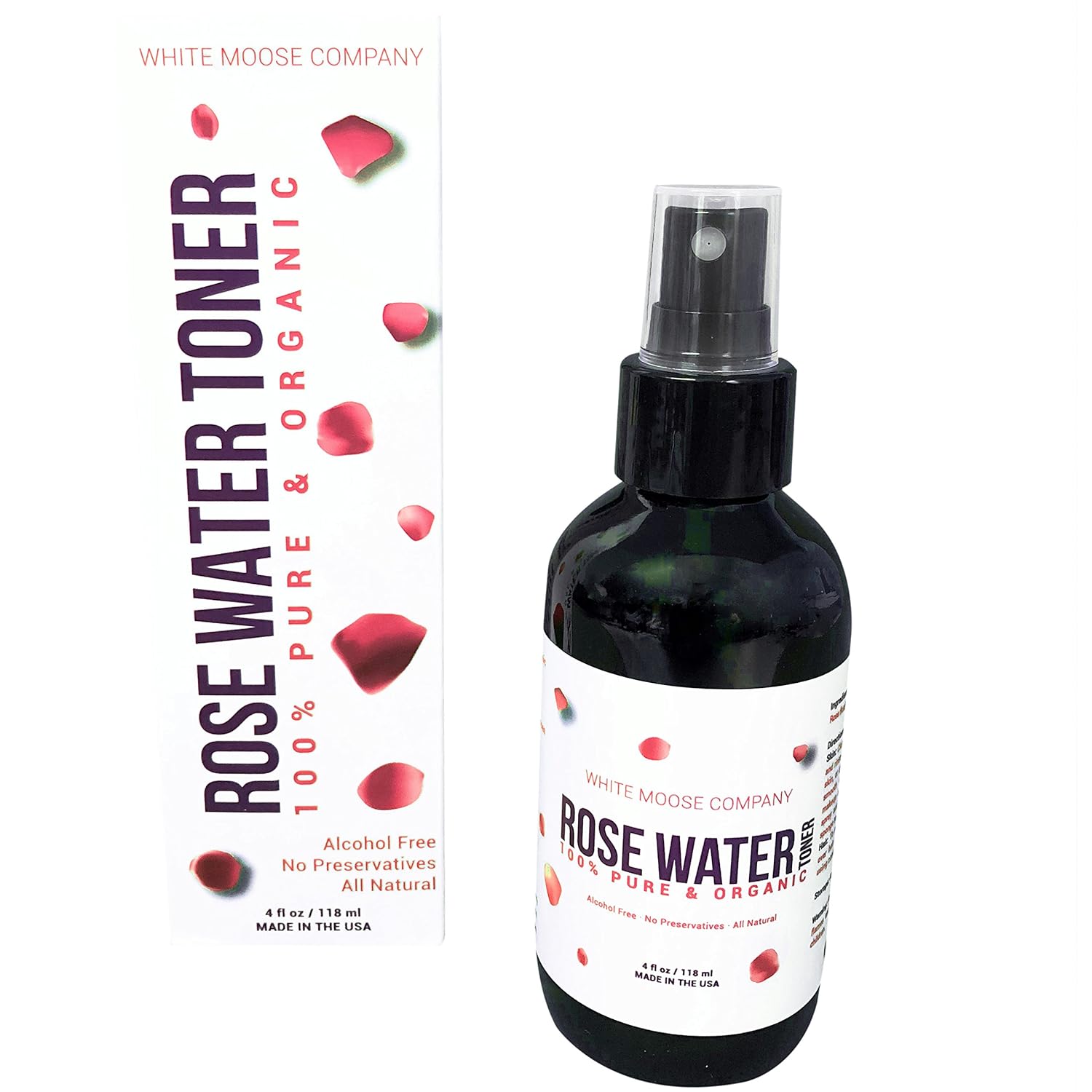 Premium Organic Rose Water Toner for Toning Face and Soothing Skin, 4 oz, Natural and Pure Facial Toner Comes Stored in an Amber Glass Bottle with Sprayer, by White Moose