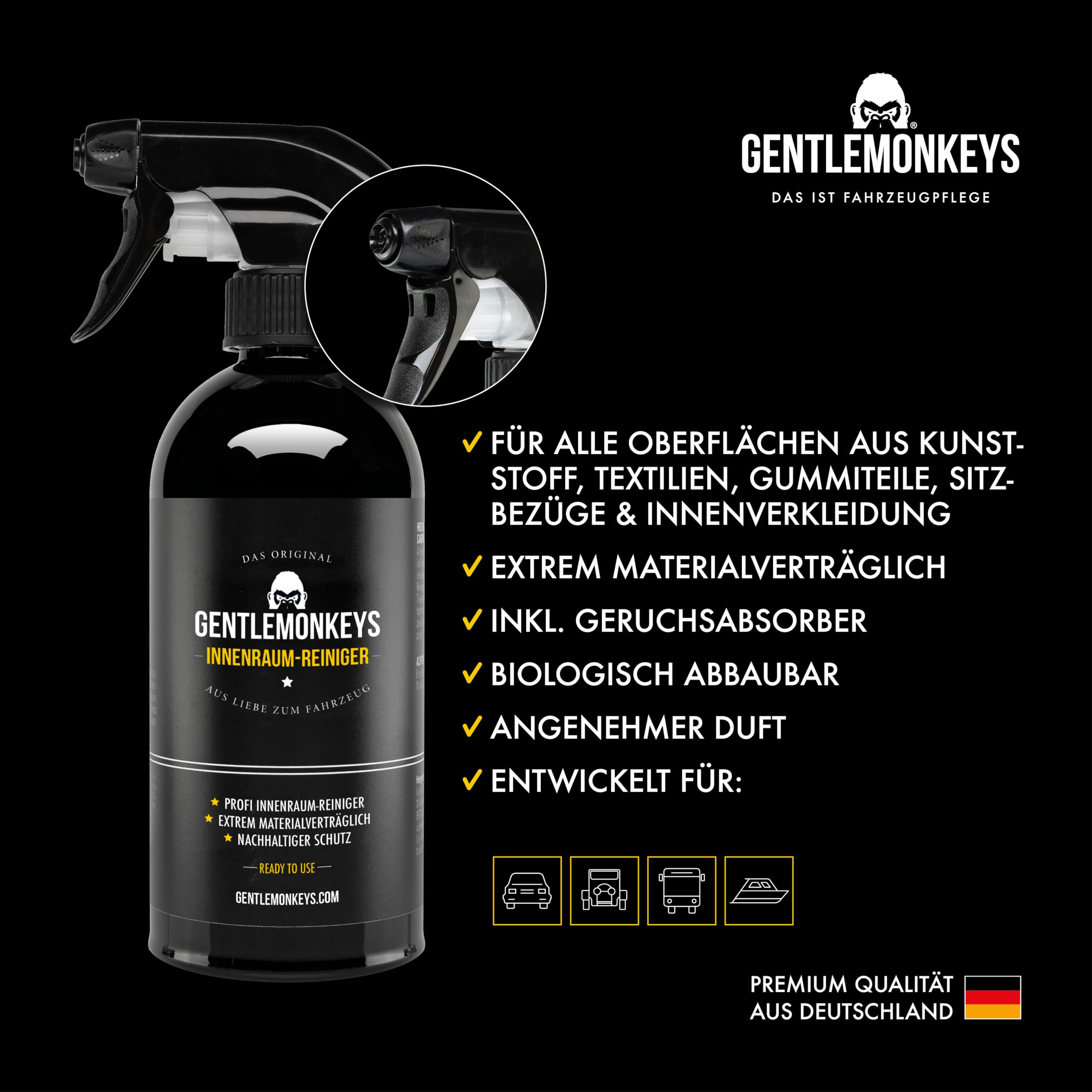 GENTLEMONKEYS Profi Innenraumreiniger Set Auto (500ml + Mikrofasertuch & Schwamm) • Porentiefe Reinigung aller im Fahrzeug verbauten Materialien • Universell einsetzbar • Biologisch abbaubar 2