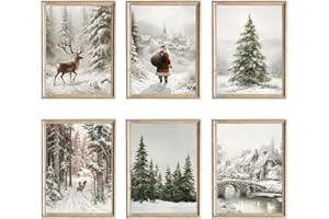 TWNSLLA Vintage Christmas Decor Wall Art Set of 6,Vintage Christmas Wall Decor,Moody Snowy Landscape Painting Winter Wall Art,Reindeer Pine Tree Santa Claus Art Prints,Retro Christmas Pictures Wall Decor Living Room Bedroom,Unframed,8x10inch