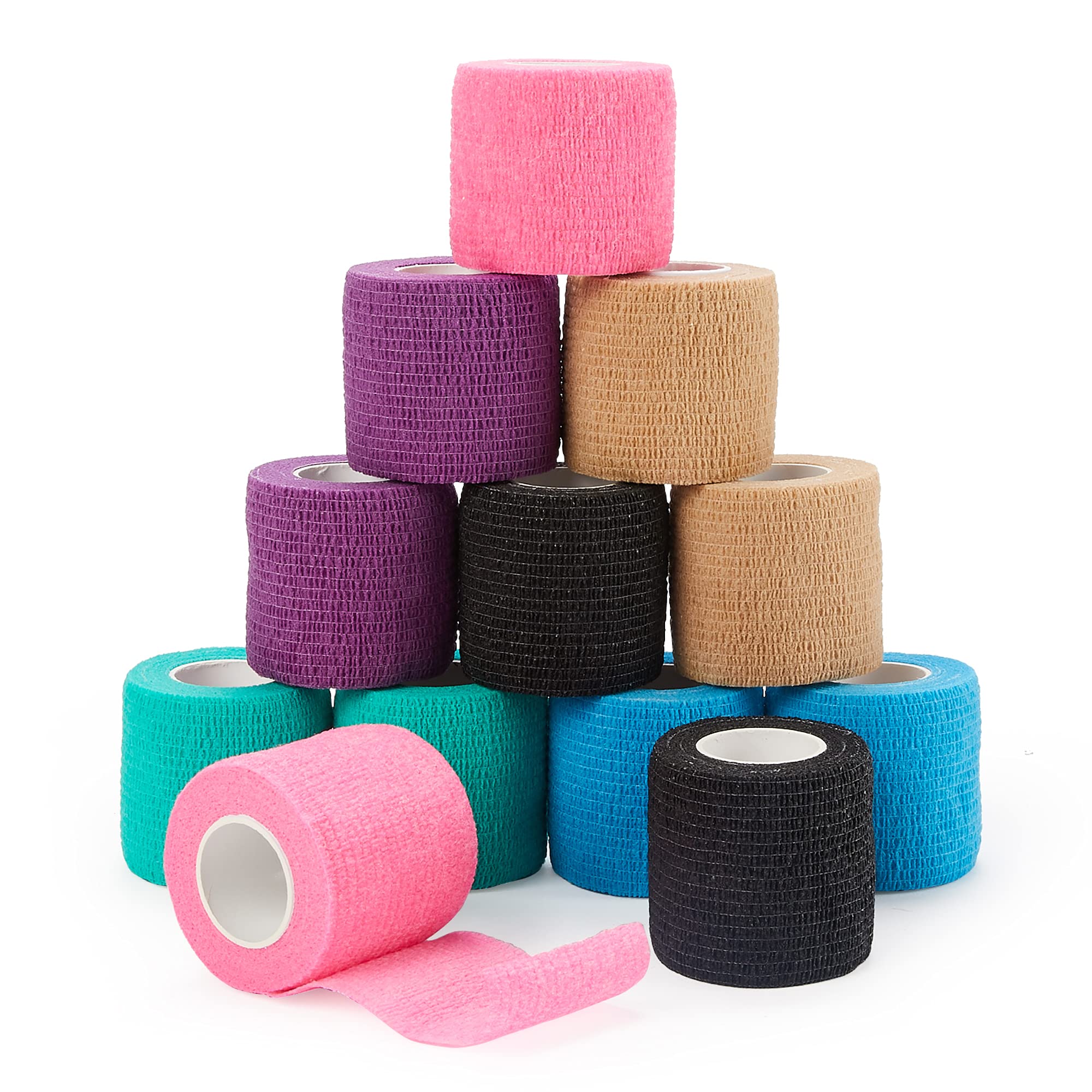 PHYTOP 12 Rolls Cohesive Bandage Wrap 5cm x 4.5m - Self Adhesive Bandage, 6 Colours for Wrist Ankle Sports Protection, Vet Wrap for Dogs Cats & Pets